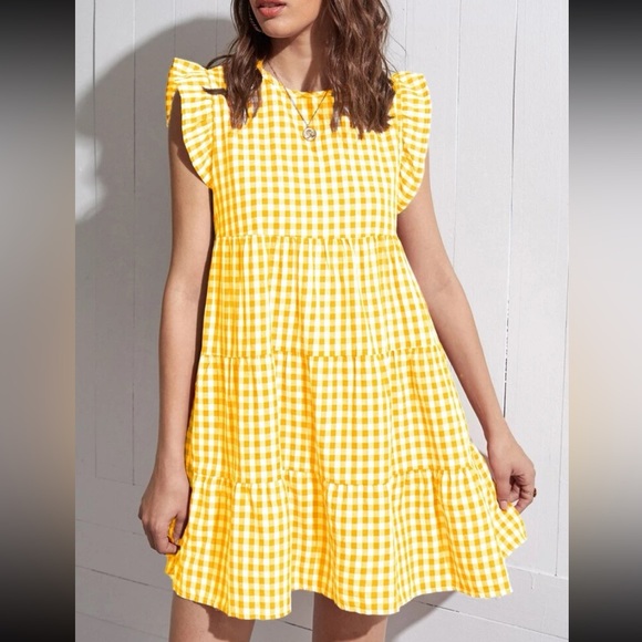 Yellow Dress ruffle trim buffalo plaid print - Picture 1 of 2